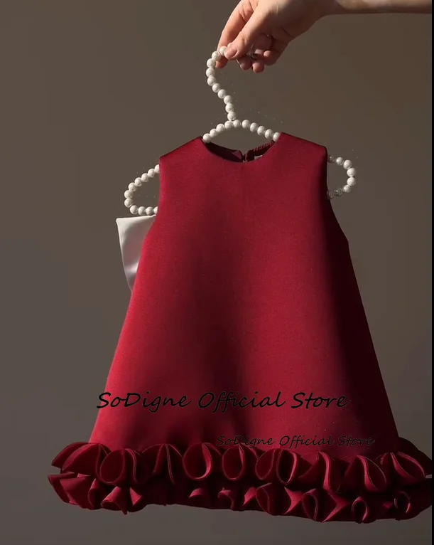 SoDigne A-line Short Flower Girl Dress O-neck Sleeveless Satin Princess Kid Gown Birthday Party Dresses with Bow Customized ﻿ image 2