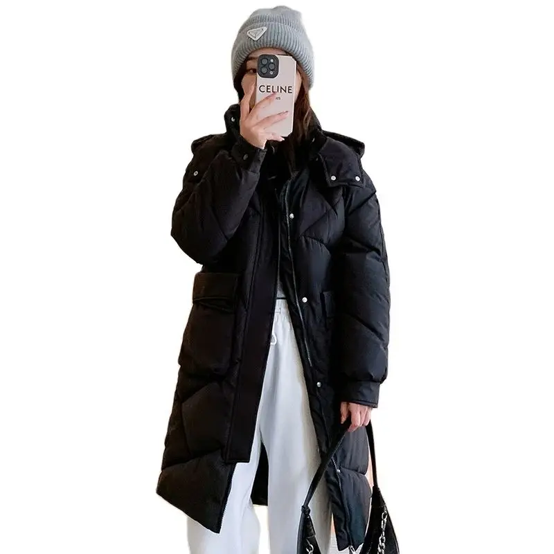 

2023 New Simple Down Cotton Clothes Women's Long Knee Removable Hat Loose Female Parkas Jackets