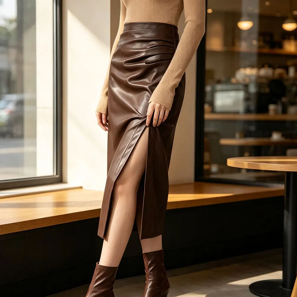 Vintage Brown Leather Midi Skirt Women High Waist Straight Skirt Hem Side Slit Ladies Elegant Stetch PU Skirt Party Custom