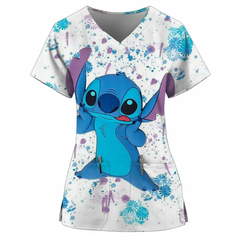 Christmas Disney Stitch print V-Neck Scrubs Tops for Woman Blouse Surgeon Working Clothes Medical Uniform Doctor Nurse Scrub Top