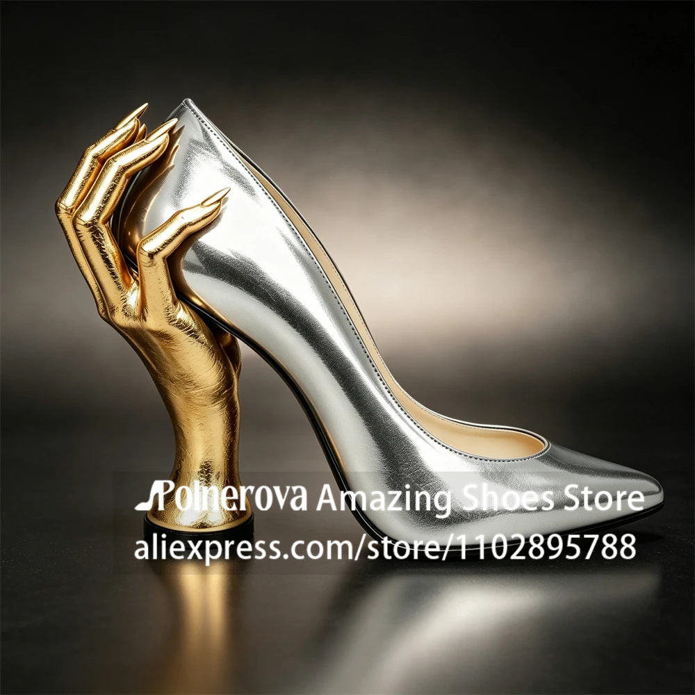Metallic Gold Hand Shaped Heel Pumps Novelty Designer Sculptural Heel Pointed High Heels Resin 3D Molded Hand Figurative Shoes
