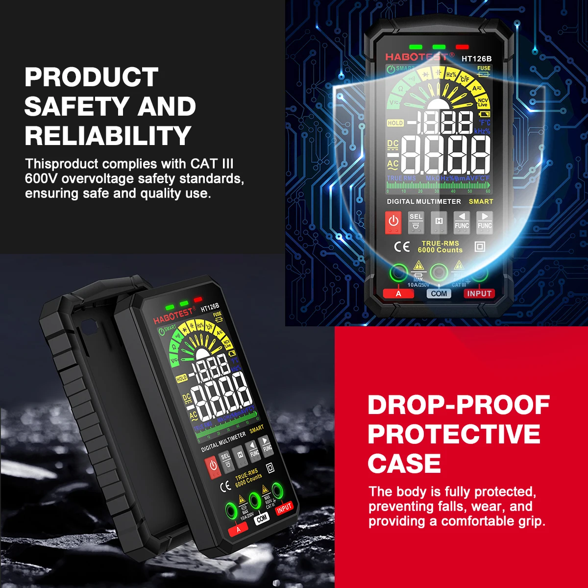 HABOTEST HT126 600V Digital Multimeter Auto Range DMM Voltmeter True RMS AC DC NCV Voltage Meter 6000 Counts Smart Multitester