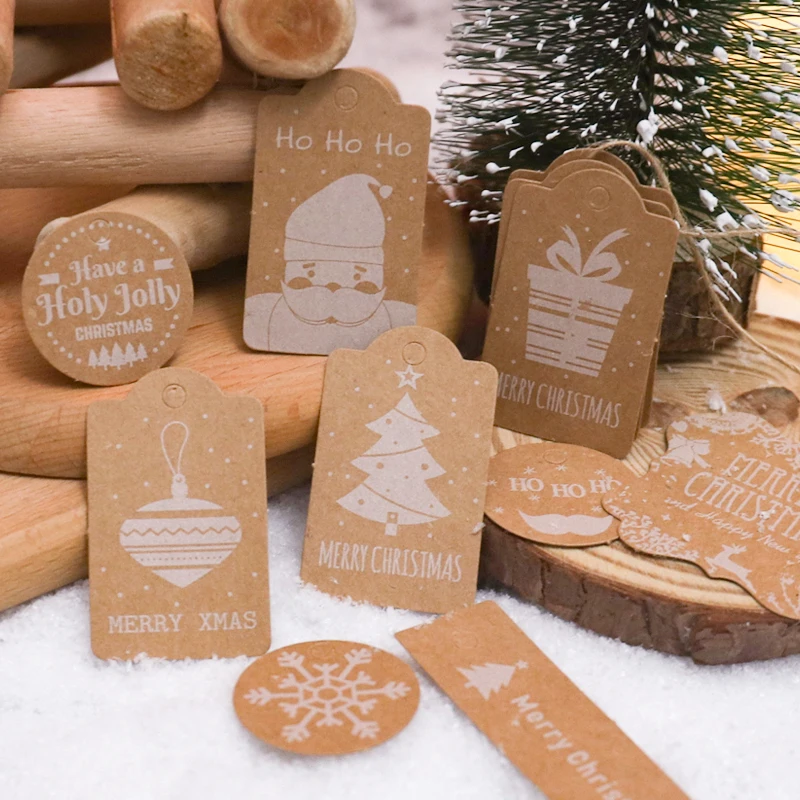50 Uds. Etiquetas de cartón Kraft de Navidad decoración colgante de árbol de Navidad caja de regalo de fiesta de vacaciones embalaje tarjetas de felicitación escritas a mano