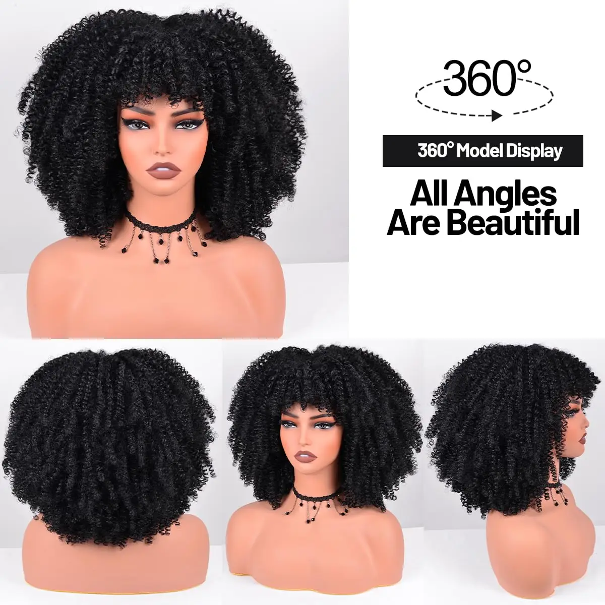 Perruque synthétique Afro bouclée avec frange, 12 pouces, pour femmes, environ 280 g/pièce, résistante à la chaleur, courte, crépue, bouclée, noire, pour fête quotidienne