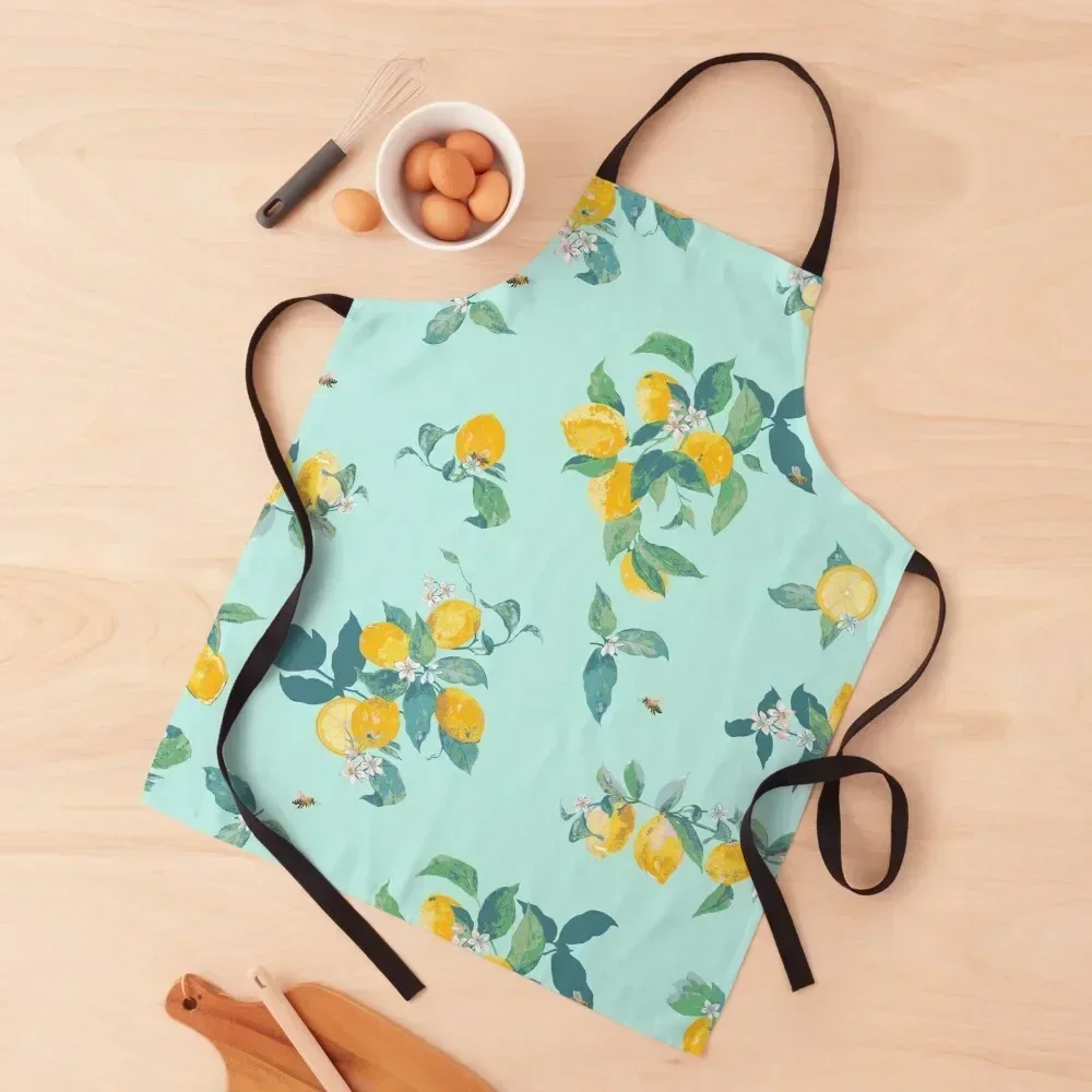 

Watercolor Sicily lemons with leaves on aqua Apron Customizable Woman Kitchens For Men men Apron