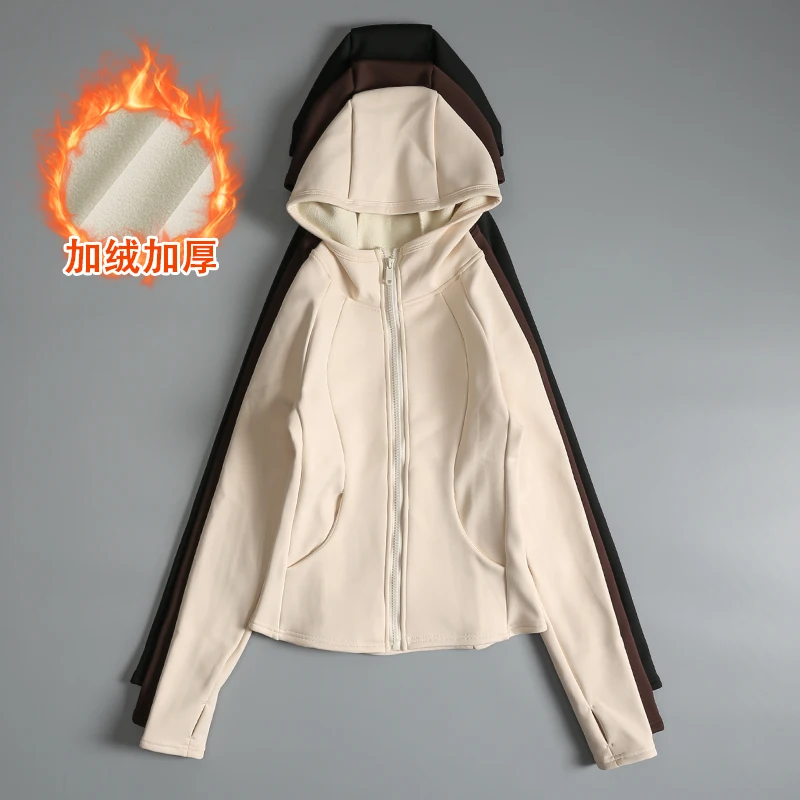 سترة مخملية رفيعة ودافئة للنساء بياقة واقفة وسترة رياضية بغطاء للرأس ملابس يوجا للجري واللياقة البدنية