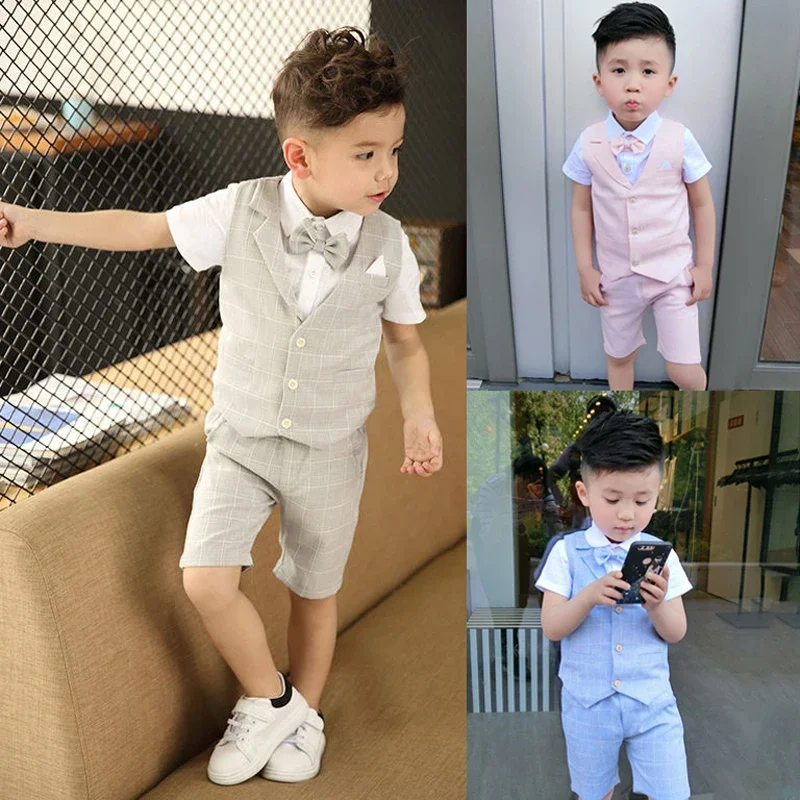 4Pcs Boys Plaid Vest Shirt with Bowtie Formal  Suit  Toddler Summer Causal Wear Vest  Wear Set Wedding Birthday Tuxedo