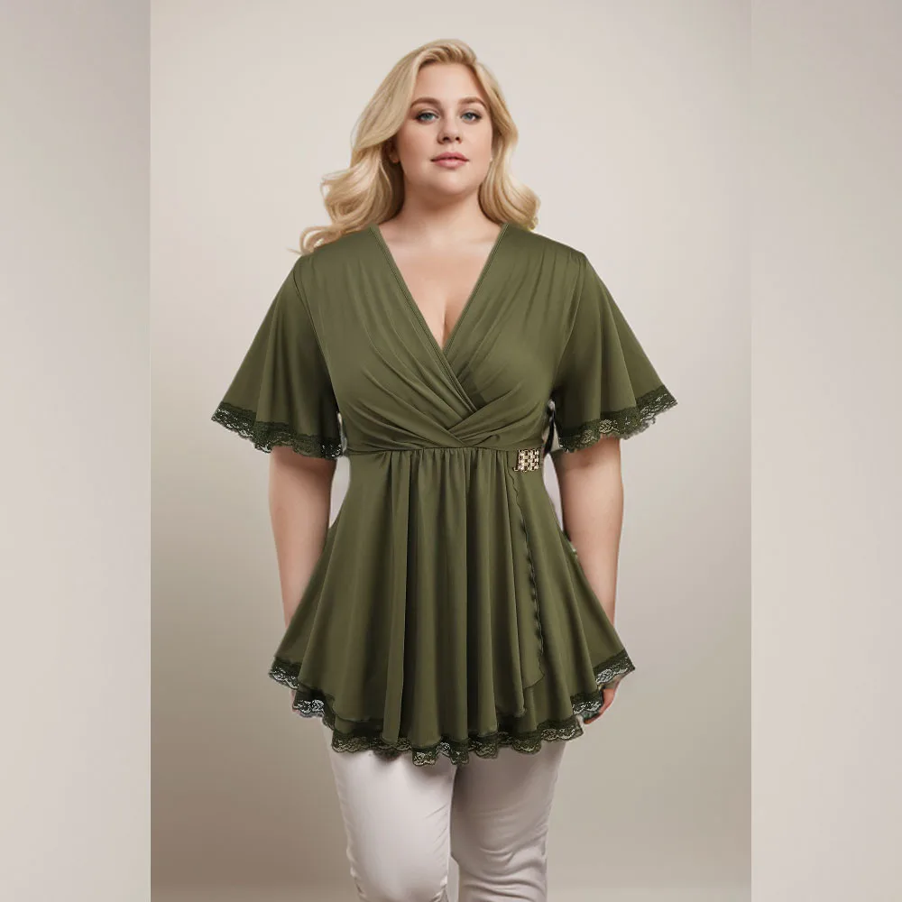 ROSEGAL Plus Size Buckle Lace Trim Surplice Ruched T-shirt Green Ruffles Asymmetrical Tees Women\'s New V-Neck Casual Tops