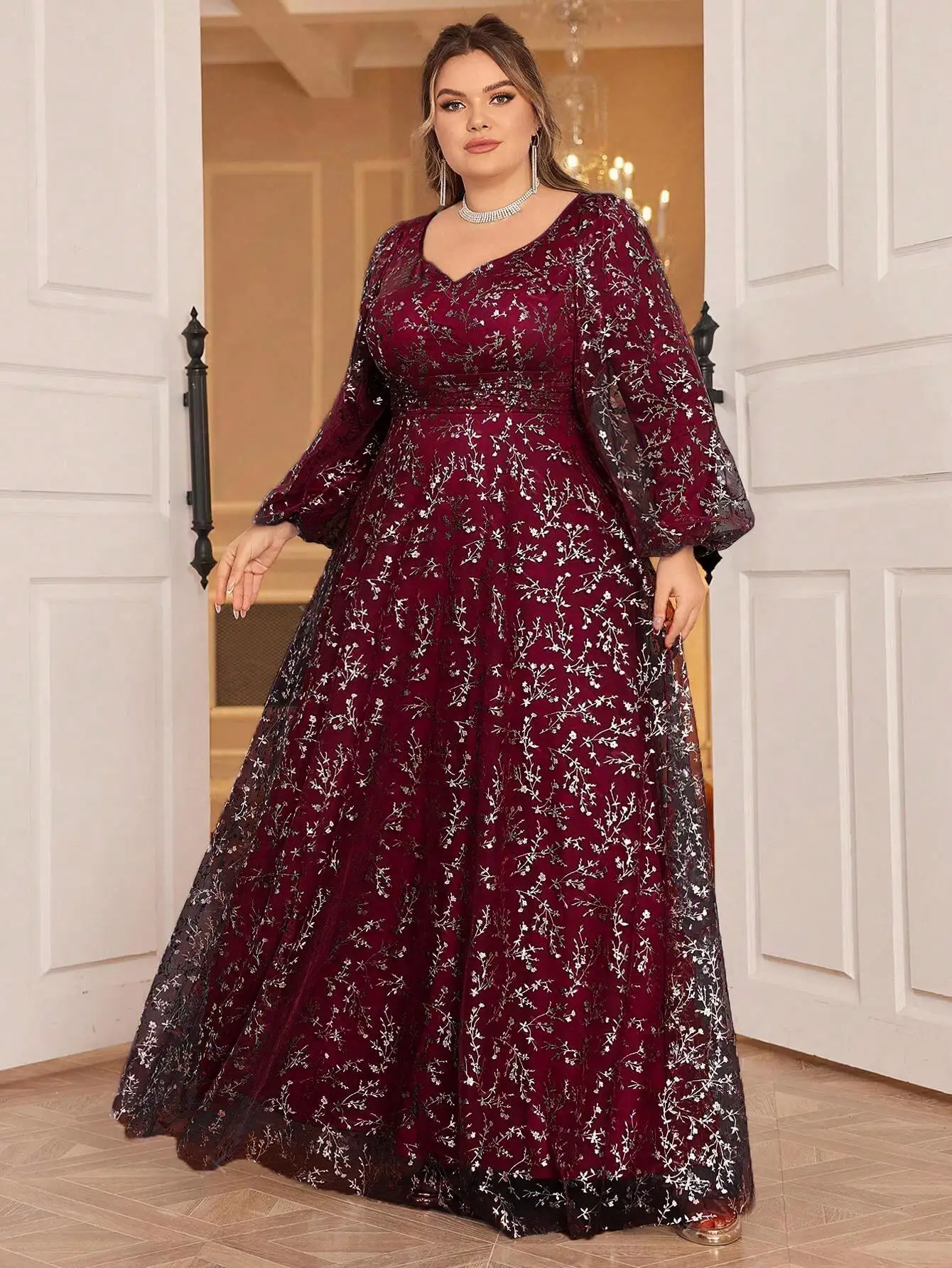 

Plus Size Floral Lantern Sleeve Floor Length Evening Dress
