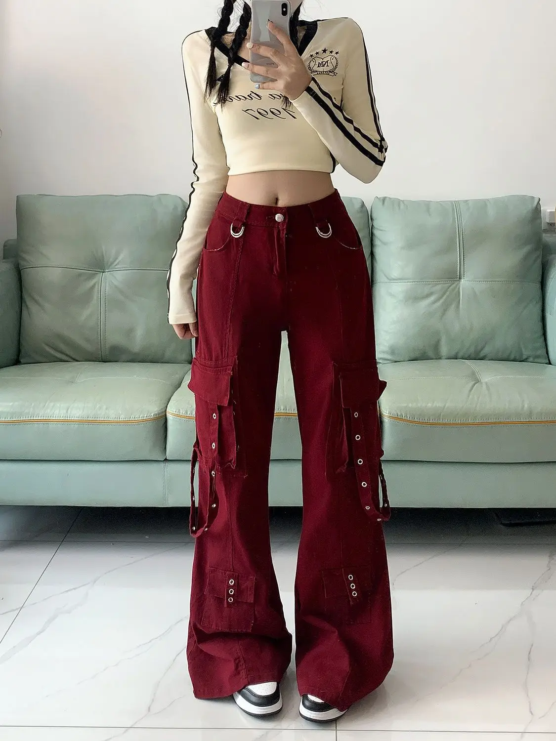 Retro Red Y2k Streetwear Cargo Jeans Women Harajuku 2000s Aesthetic Denim Trousers Fashion Casual Wide Leg Pants Pantalones