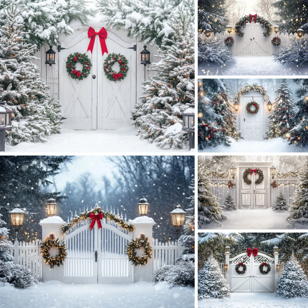 

Photography Background Merry Christmas Barn Door Fireplace Xmas Tree Kids Family Portrait Decor Garland Backdrop Photo Studio