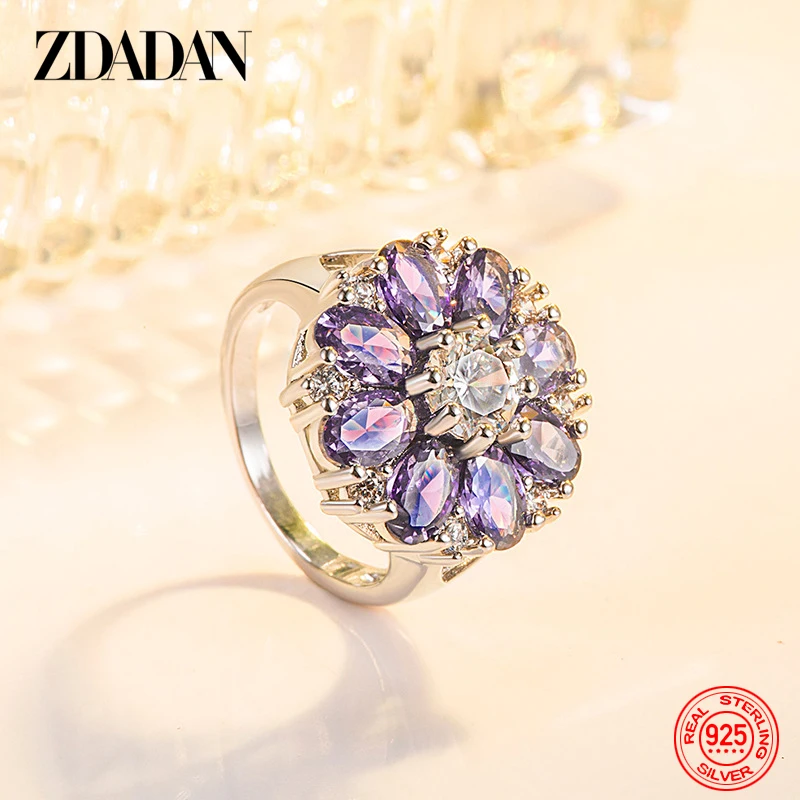 

ZDADAN 925 Sterling Silver Flower Amethyst Finger Ring For Christmas Women Party Jewelry Gift