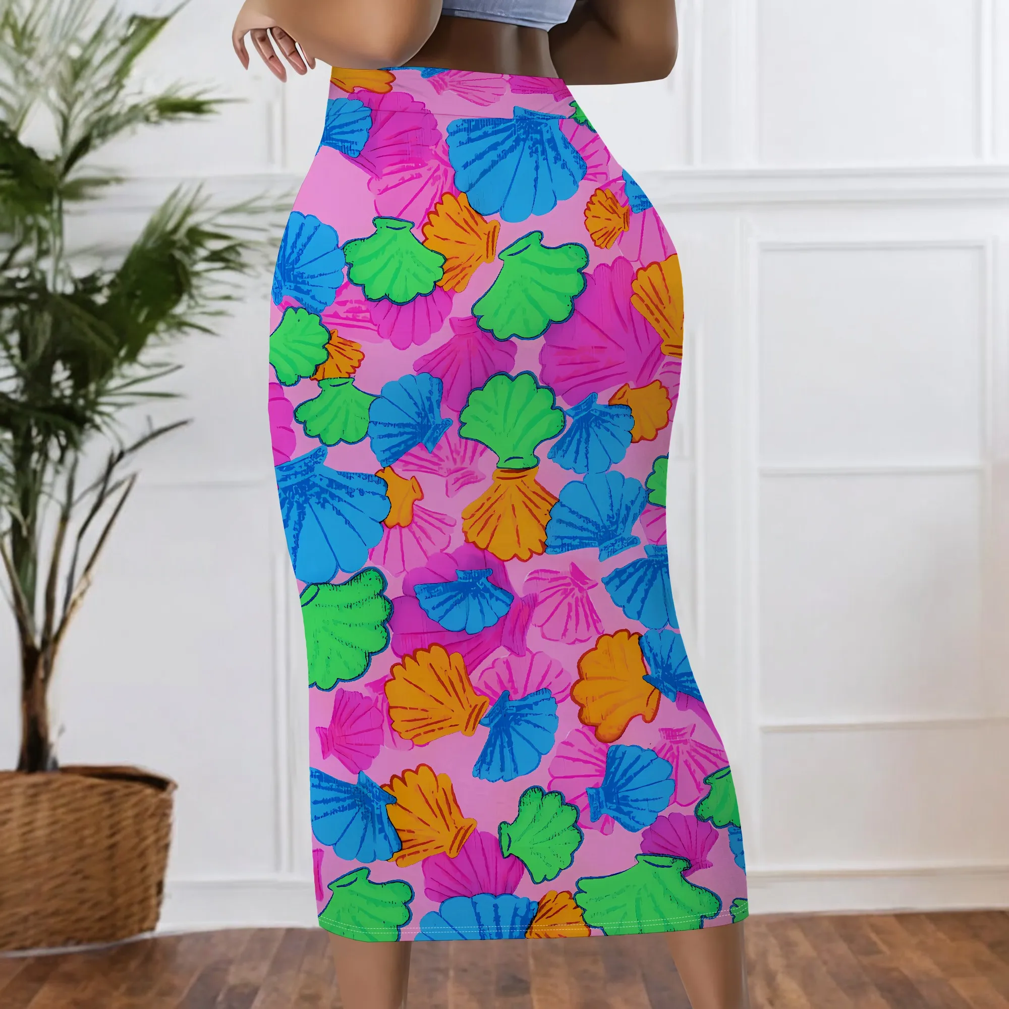 Bunter Rock mit Muscheldruck, Midi-Bleistiftrock mit lebhaftem Muschelmuster, figurbetontes Design mit hoher Taille, Sommer-Strandkleidung, S-2XL – Detail 4