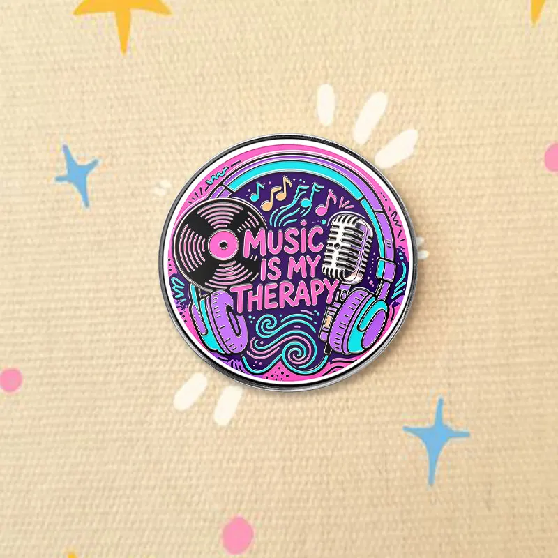 Music Is My Therapy UV Printing Badge Vinyl Record Microphone Headphones Pin Brooch Lapel Backpack Jewelry Gifts For Music Lover