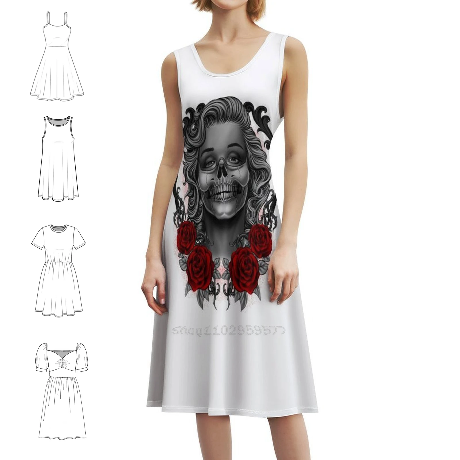 فستان كاجوال على الطراز الكوري على شكل جمجمة من Monroses للنساء فساتين بسيطة يومية للمكتب للسيدات على شكل جمجمة وزهرة وردية وشم مونرو للفتيات