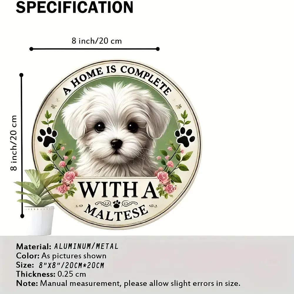 2D Flat - Maltese Dog 2D Flat Metal Wall Art, - Rustic Iron 8.0inch Round with Paw Prints And Floral Wreath, Maltese Puppy Desig
