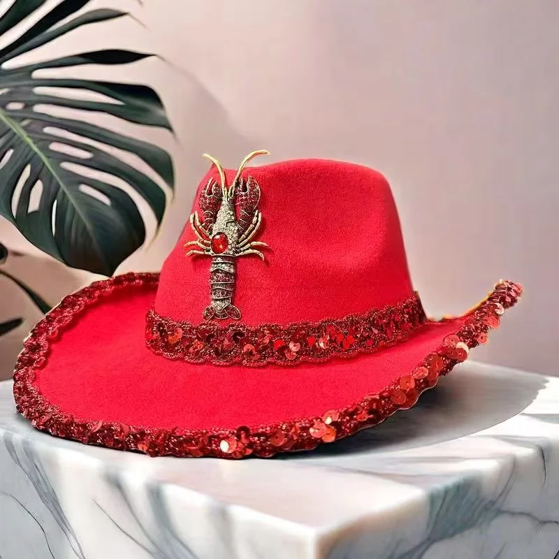 Czerwony filcowy kapelusz z brokatem HongLuan i kapelusze kowbojskie disco z dżetami dla kobiet, akcesoria do cosplay kowbojki i kapelusz kowbojski.