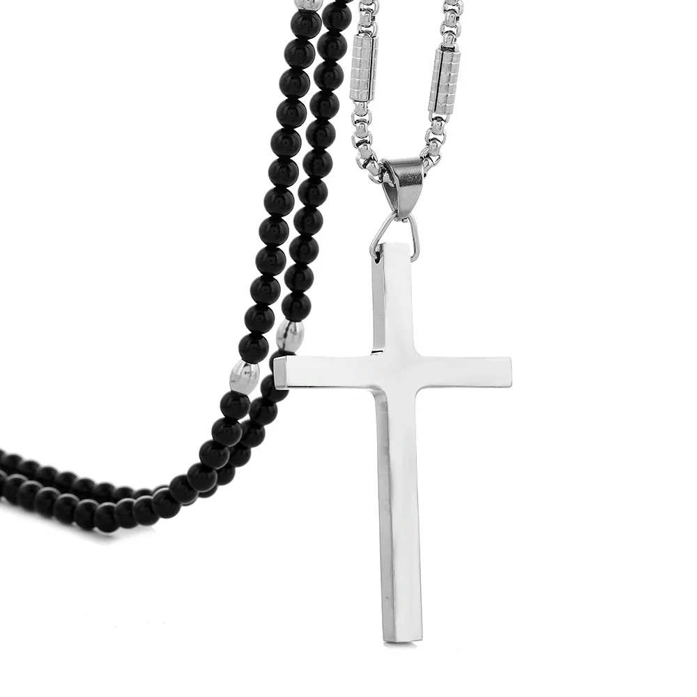 Simple Stainless Steel Cross Pendant Necklace with Black Natural Stone Necklace 27 inch Chain