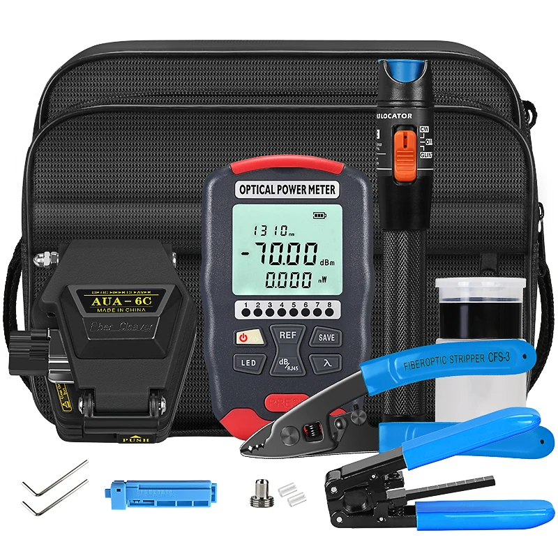 

Factory Price FTTH AUA-6C Fiber Cleaver Optical Power Meter Visual Fault Locator OPM 15mw VFL Kit De Fibra Fiber Tool Kit