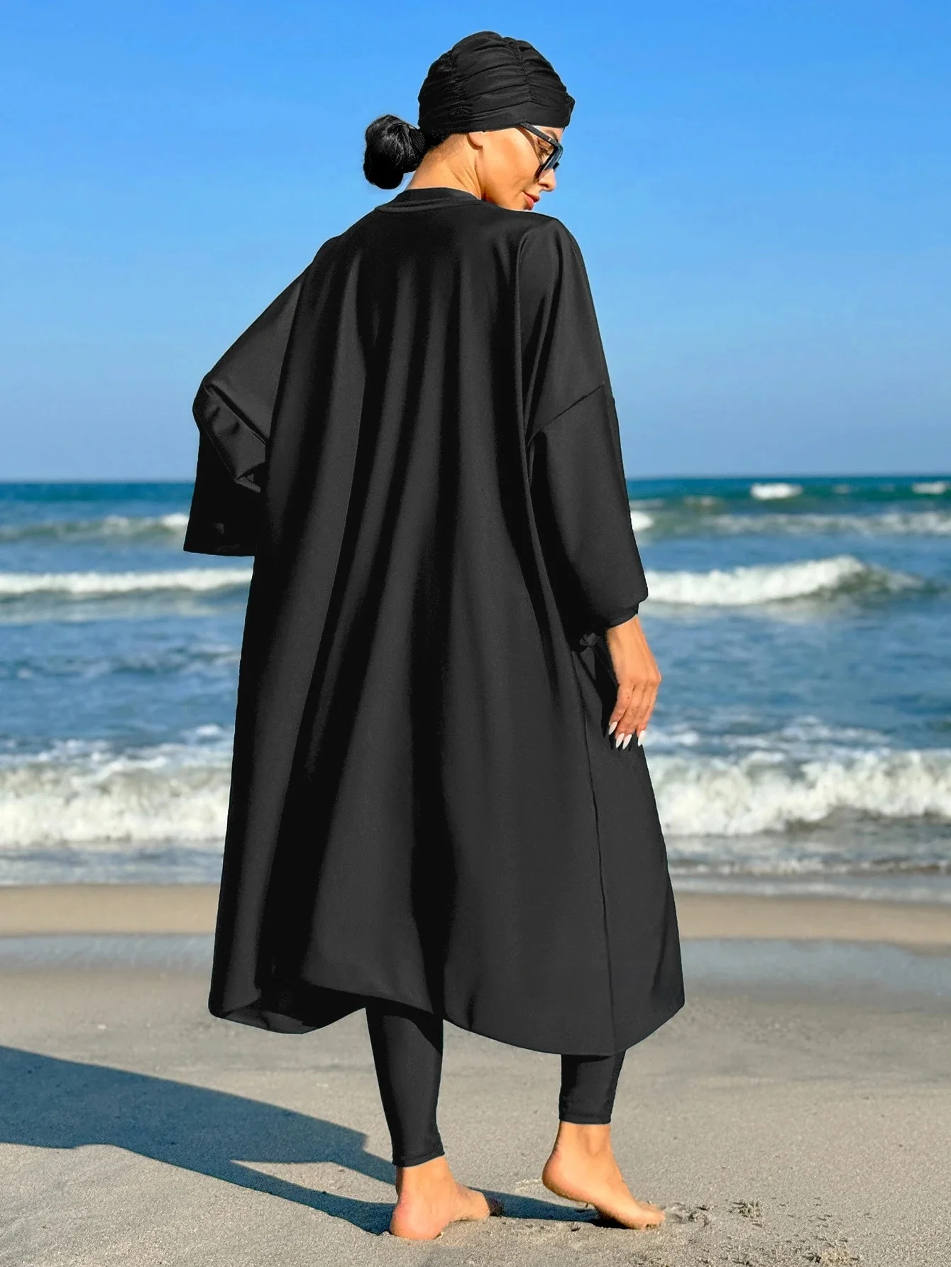 Modest Swimwear Burkini Muslim All Covered Loose Swimwear for Women Solid Color Long Sleeved Robe and Onesie swimwear with Hijab