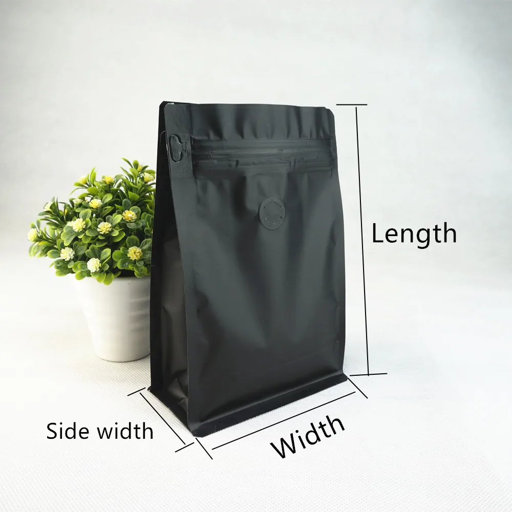 50pcs Black Coffee Packaging Bags Heat Seal / Flat Bottom Standing Up Aluminum Foil Ziplock Bag with One Vent Valve Tea Storage