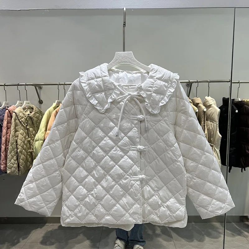 Korean New Women White duck Down Parkas 2022 Women Solid color Loose Ruffle Check Lapel Puffer Jacket