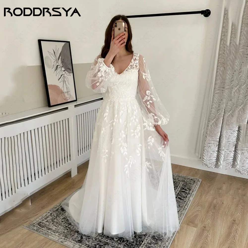 RODDRSYA Vintage V-hals Bruidsjurk Puff Mouwen Applique Bruidsjurk Backless ATulle Vestido Novia RODDRSYA Vintage V-hals Trouwjurk Pofmouwen Applique Bruidsjurk Backless ATulle Vestido Novia A Line Civiele Bruid Jurken