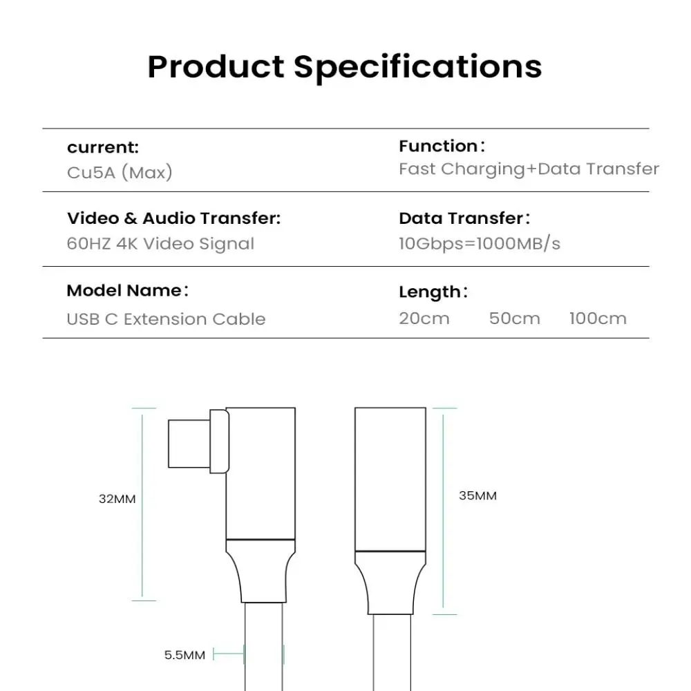 Elbow USB C Extension Cable PD 100W 5A USB 3.1 Gen 2 Male to Female 90 Degree Type C Extender Cord HD 4K for Laptop Phone Tablet