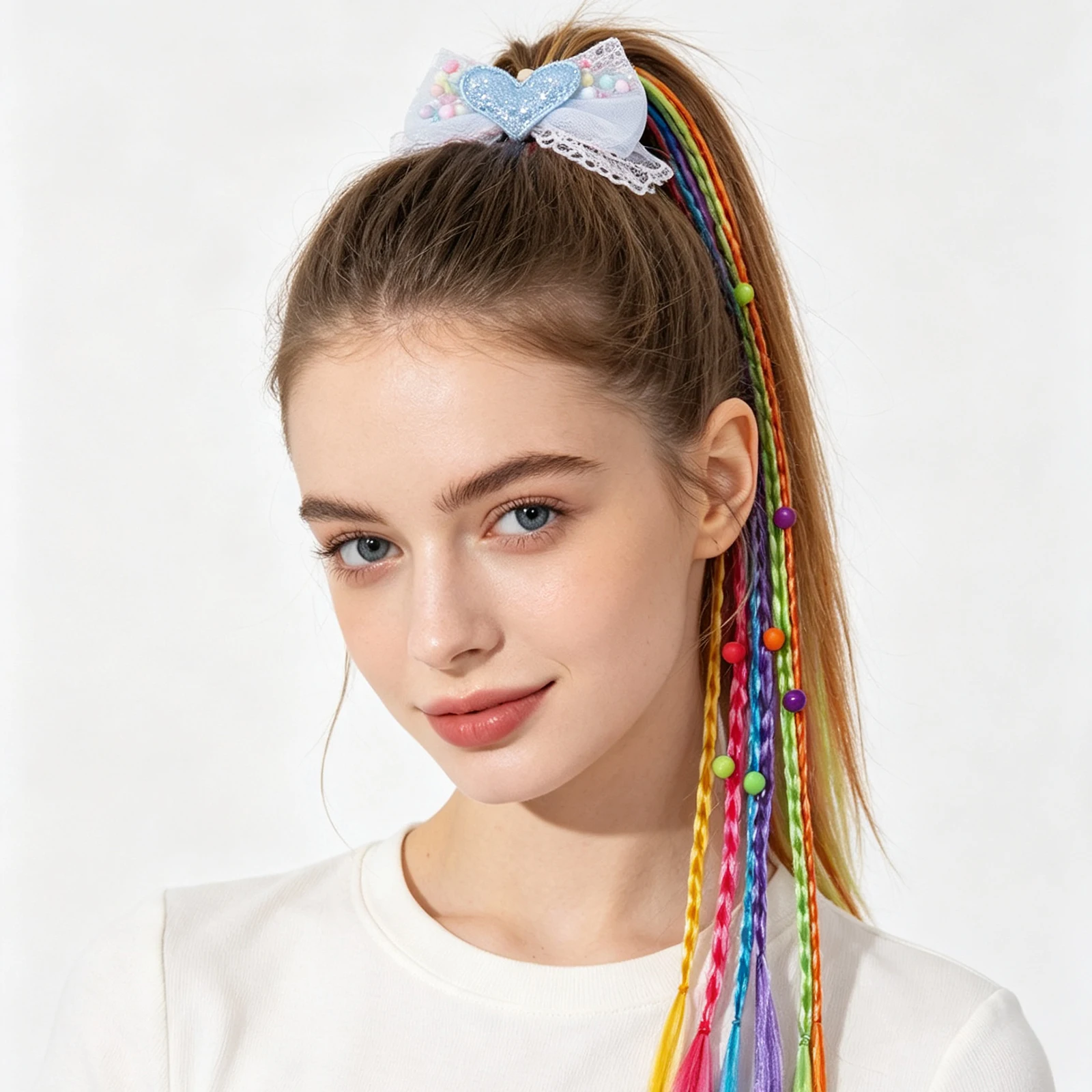2pcs Rainbow Braided Hair Straps Sparkling Heart Shaped Lace Bow Ponytail with Beads Cute Wig Braided Hair Rope