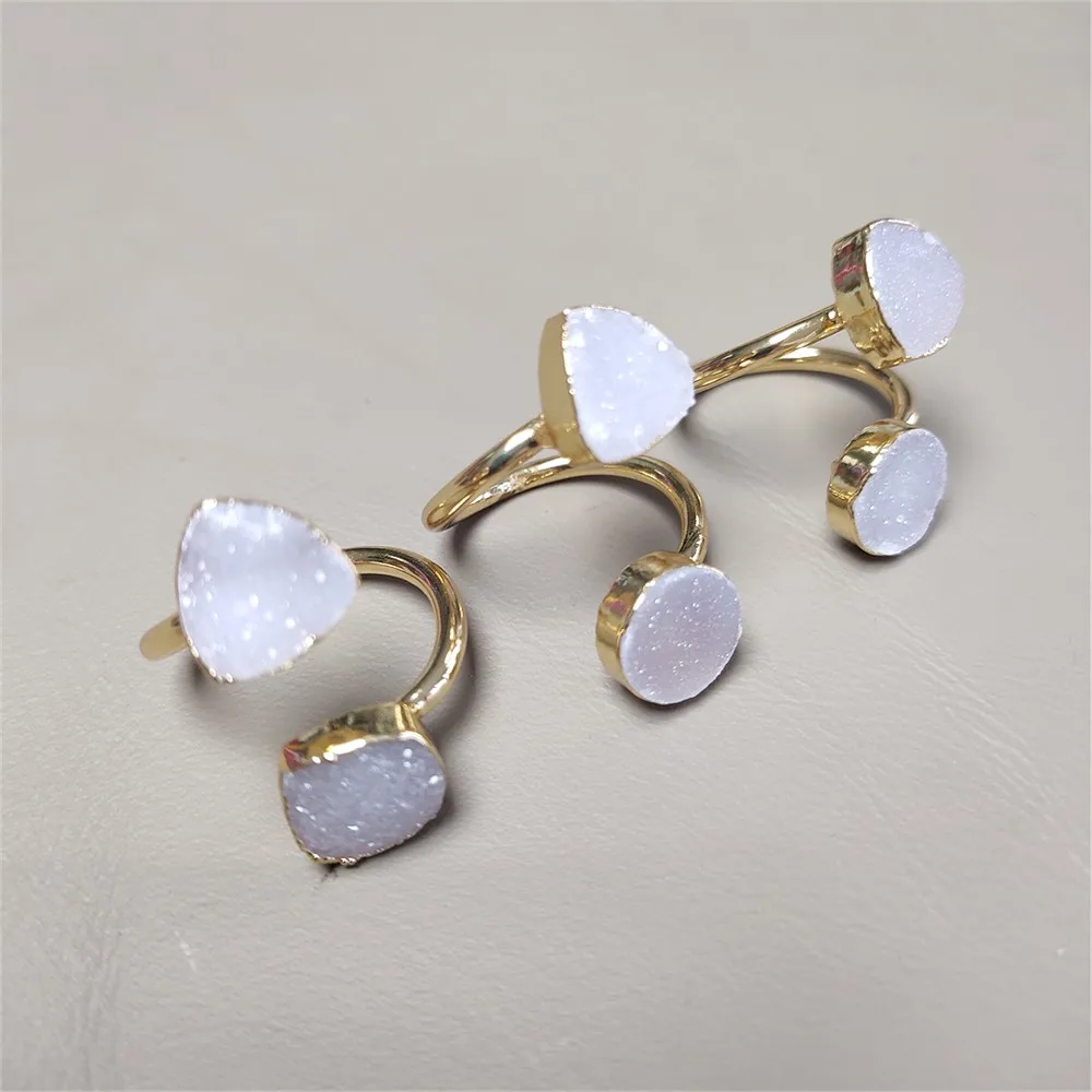 FUWO Irregular Double Stone Druzy Rings,Golden Plated Minimalist design Raw Druzy Ring For Women Adjustable Size 3Pcs/Lot RG016