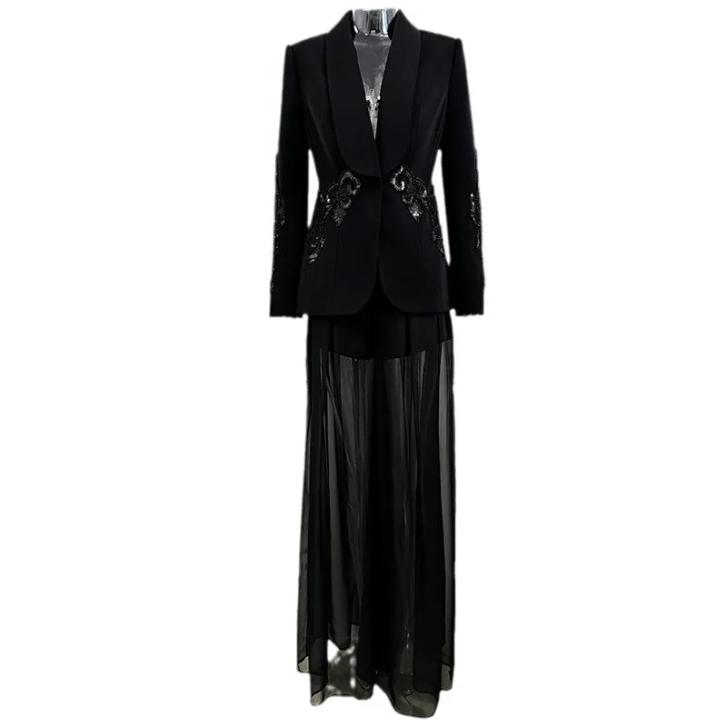 Luxury Crystal Black Women's Suit Set Full Sleeves Sexy Sheer Blazer Pants Formal Office Lady Prom Jacket Coat Trousers