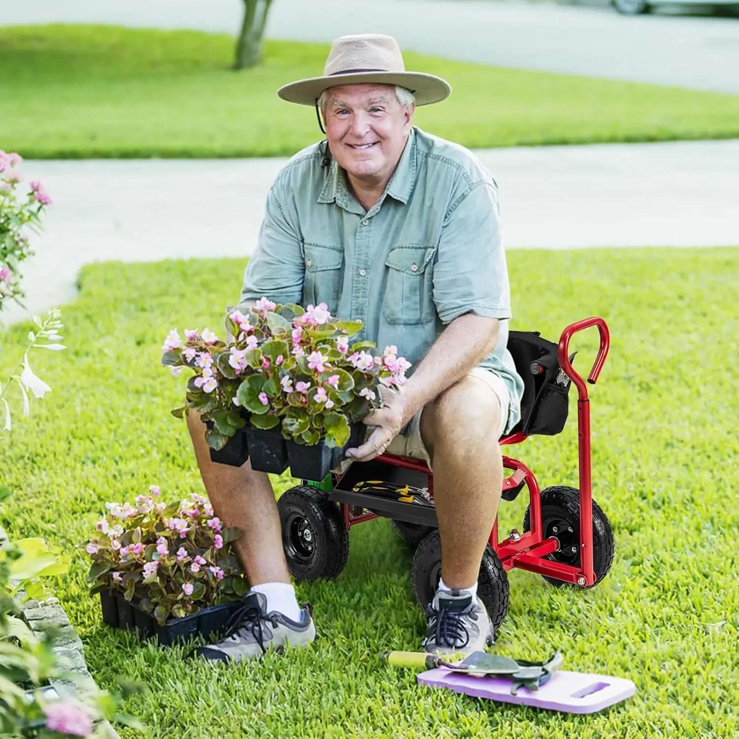 Garden Cart, Outdoor Rolling Garden Scooter W/Adjustable 360 Degree Swivel Seat, Tool Tray & Storage Basket