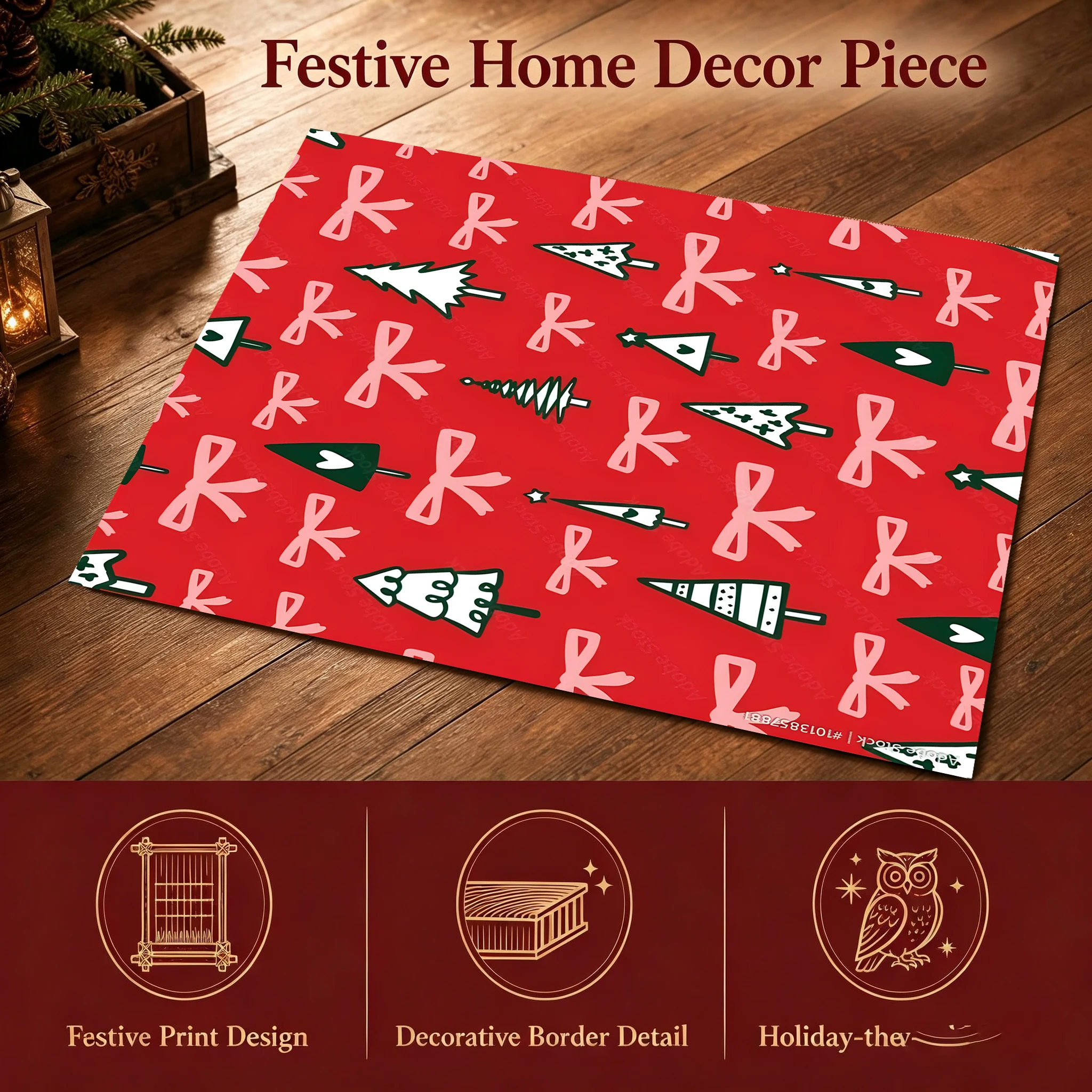 Velvet Rug Red Graffiti Christmas Tree Pink Bow Sweet Style for Entryway Bedroom Living Room Home Decor