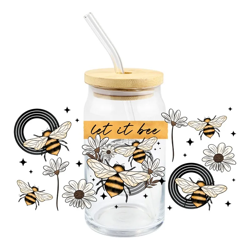 Bees UV DTF 3D Cartoon Design Waterproof Transfer Sticker Wraps Cup Cute FashionHigh Quakity Sticker 16oz Glass Mug Cups Sticker