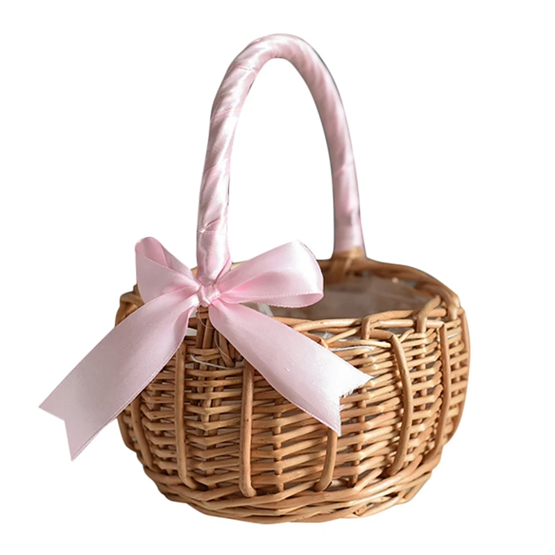 

2X Wicker Woven Flower Basket, With Handle And Pink Ribbon, Wedding Flower Girl Baskets, For Home Garden Decoration(L)