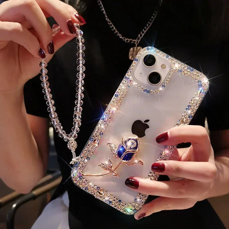 Diamond Bling Phone Cases for iPhone16 15Pro, 14Plus, 13 Pro, 12 Mini, 16Pro MAX, Rhinestone Cover, Glitter Rose