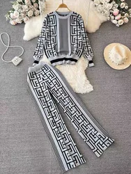 Women's Long Sleeve Jacquard Knit Top 2-Piece Labyrinth Print Loose Sweater + Wide Legs Long Pants Korean Style Casual Chic Suit