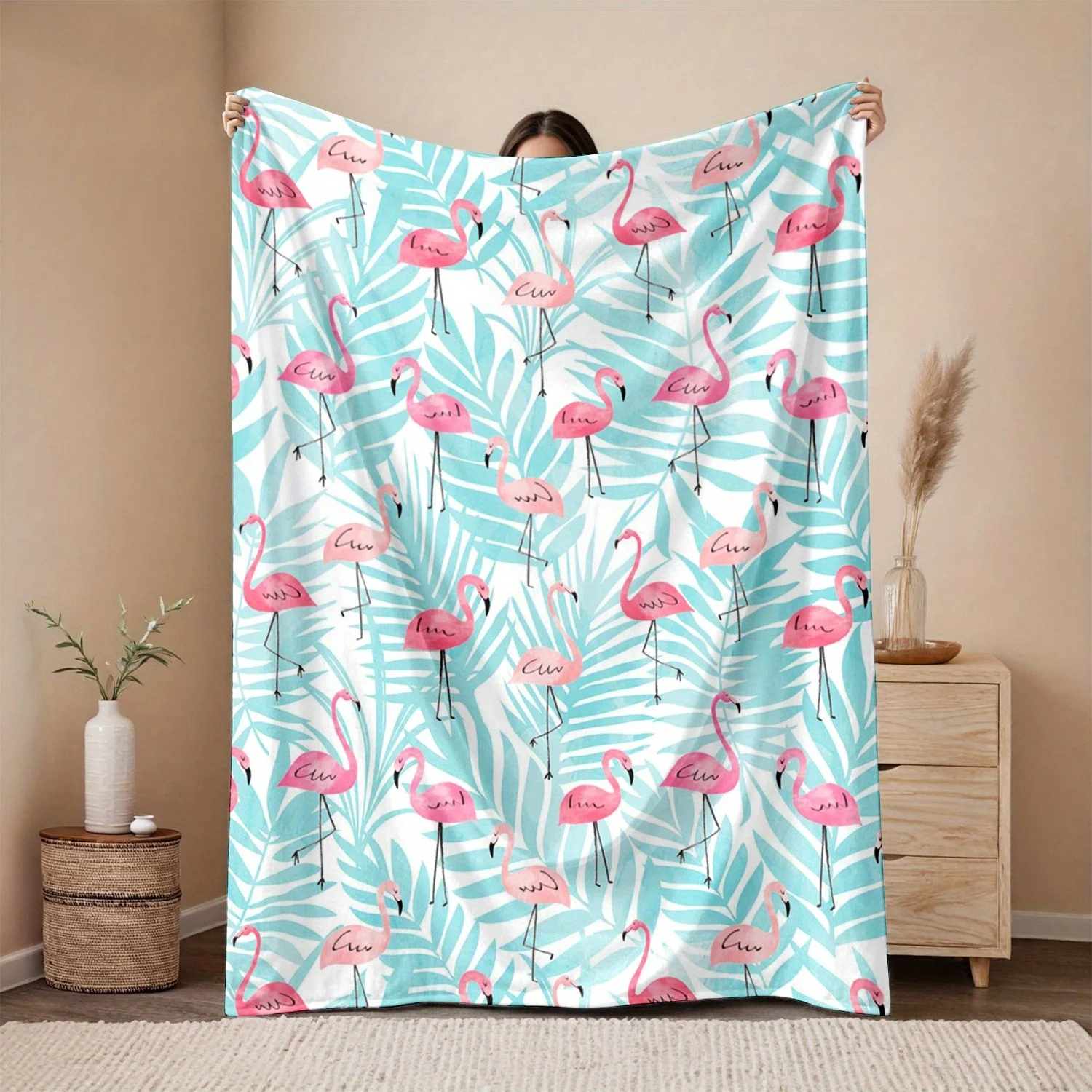 Manta de franela con estampado de flamencos y hojas de palma tropicales, color rosa suave y azul turquesa, acogedor para todas las estaciones, colcha ligera, 1 ud.
