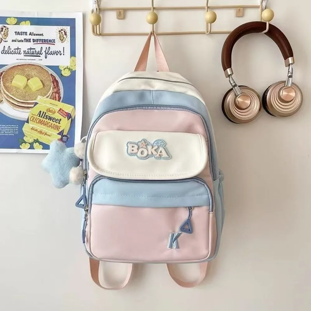 Contrast Color Shoulder Backpack Large Capacity Nylon Travel Laptop Rucksack Wear-resistant Multi-pockets Student School Bag