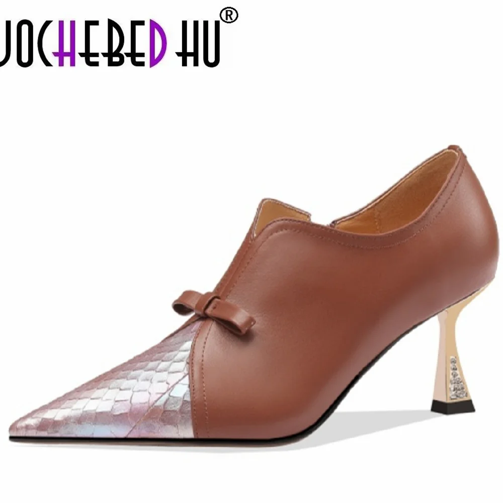 【JOCHEBED HU】New Butterfly Knot Handmade Genuine leather Shoes Woman Pointed Toe Ladies Dress Pumps Zipper Thin High Heels Shoes