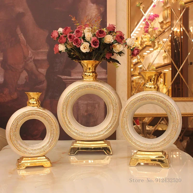 Electroplating golden round irregular ceramic vase semi-manual semi-mechanical home living room wedding hotel flower shop vase