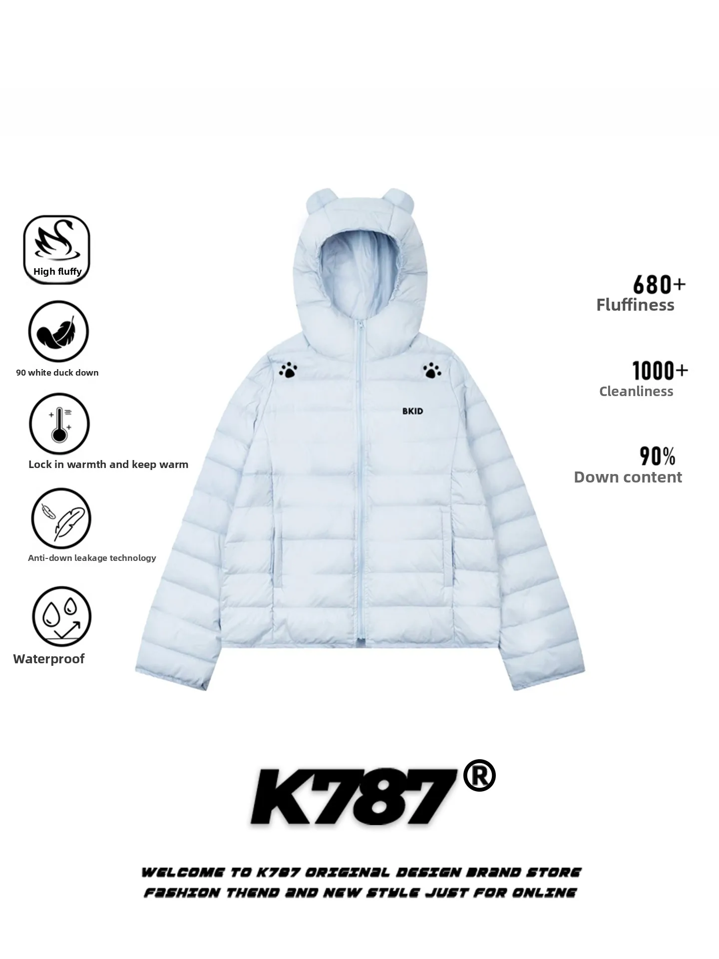 

Куртка K787 American Sle Light Weight Du down Jaet с капюшоном и ушками медведя, молодежная, для повседневной носки, из полиэфирного волокна