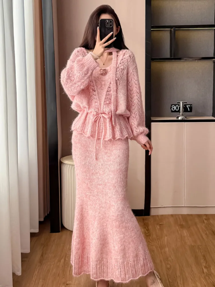 2026 Autumn Winter New Three-Dimensional Flower V-Neck Right Shoulder Sweater Women Chic Drawstring Knit Top Fishtail Half Skirt