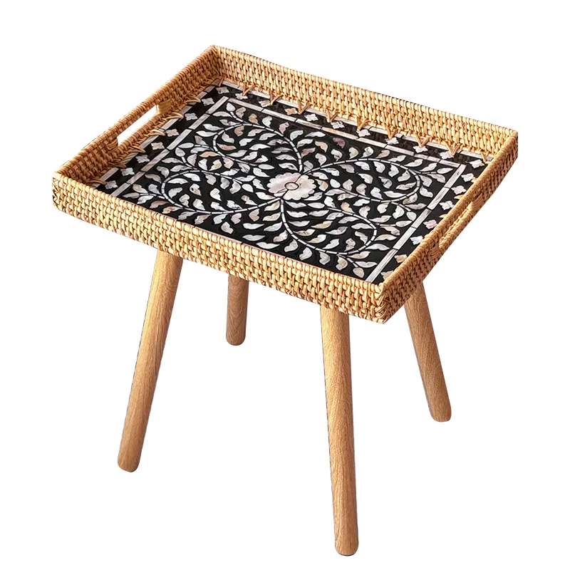 Scandinavian Handwoven Rattan Side Table Large Detachable Ottoman Coastal Shell Coffee Table for Bay Window Outdoor Picnic