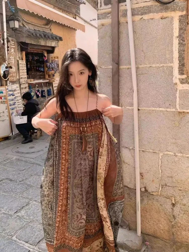 Retro Print Strap Long Dr Vaion Beachwear Tourist Clothing Women's Loose Waist Polyester Fiber Summer Soft Fabric