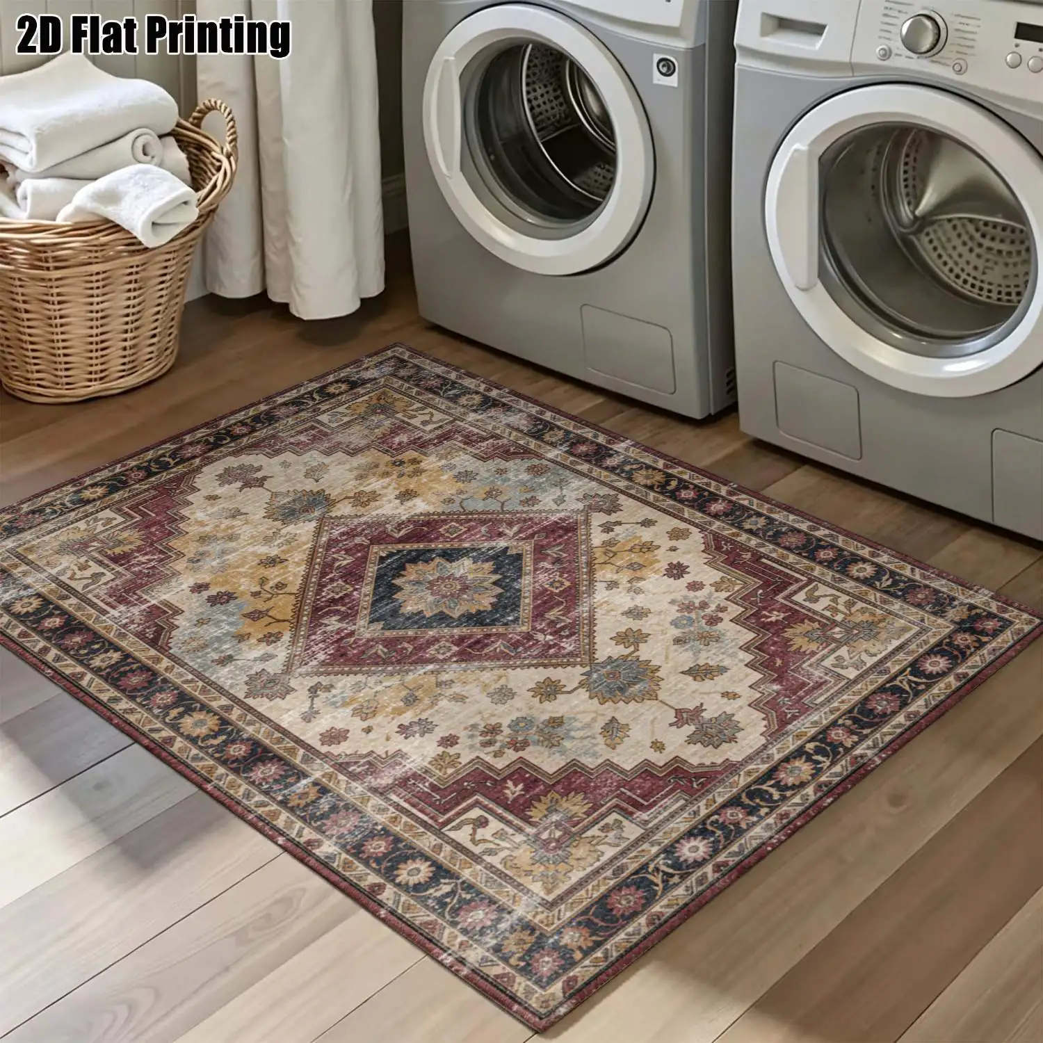 1Pc 2D Printed Retro Geometric Diamond Pattern Carpet: Vintage, European, Bohemian Style, Machine Washable, Multi-Size, Ideal for Home Decor in Living Room, Bedroom, Dining Room, Entrance & Study