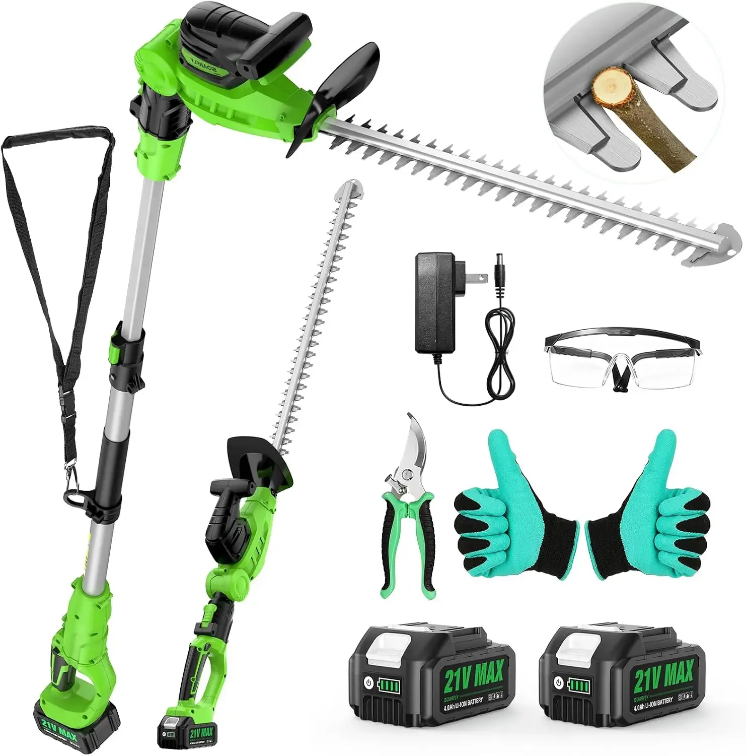 2 in 1 Pole Hedge Trimmer Cordless & Handheld Hedge Trimmer with 2 Pcs 4.0Ah Battery & Charger, 20V Electric Hedge Trimmer