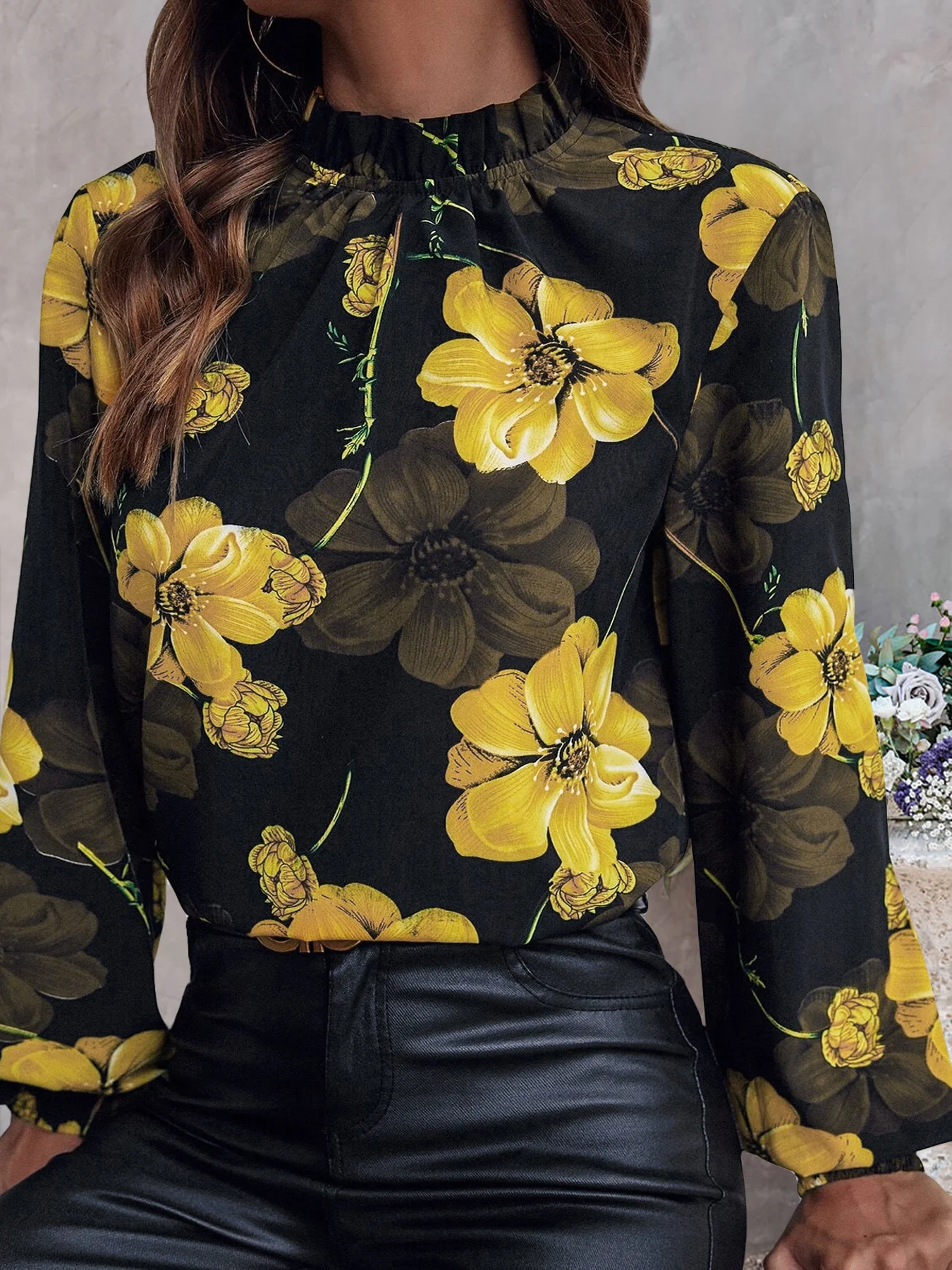 Women Elegant Floral Printed Blouses Shirts Casual Stand Collar Long Sleeve Shirts Tops Ladies Fashion Blouse Shirt