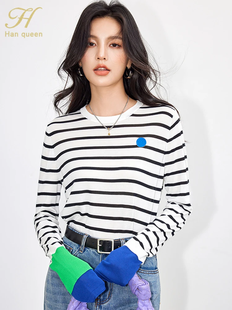 H Han Queen 2024 Spring Korean Woman Clothing Fashion Clashing Stripes Casual T-Shirts Basic Long Sleeve Vintage Top Female Tees