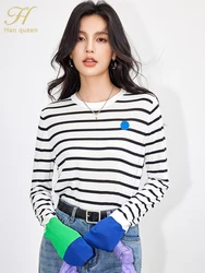 H Han Queen 2024 Spring Korean Woman Clothing Fashion Clashing Stripes Casual T-Shirts Basic Long Sleeve Vintage Top Female Tees